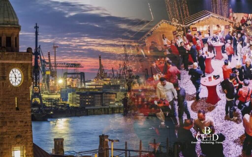 Weihnachtliche Firmenfeier mit festlich beleuchtetem Weihnachtsmarkt